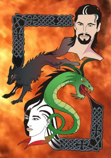 Loki und seine Kinder -ein Feuersturm im Hintergrund.